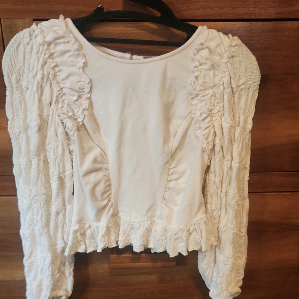 Free People Cream Long Sleeve Ruffle Blouse